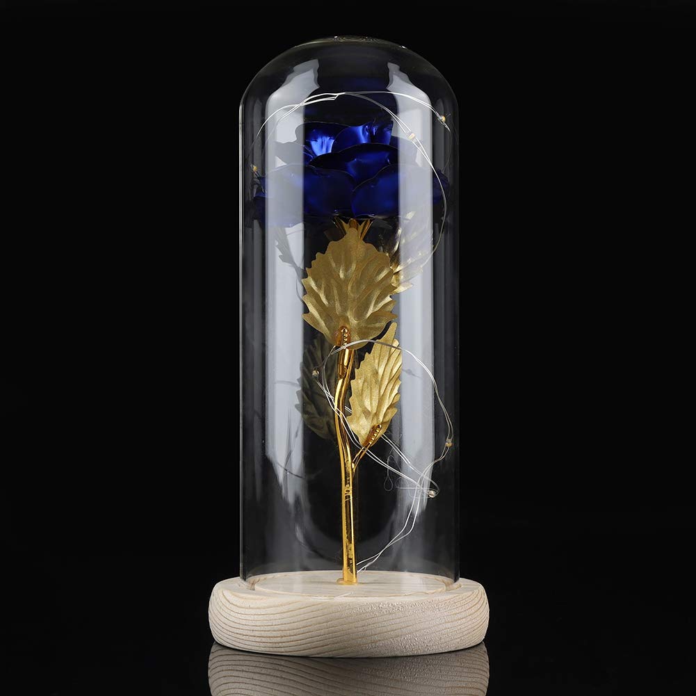 Rose in Glass Dome Eternal Flower with LED Lights Preserved Roses for Birthday Anniversary Mother Day Valentines Day Wedding Gifts Blue Gold Purple Red (Blue)
