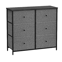 SONGMICS Chest of Drawers, 6 Fabric Drawers with Metal Frame, Storage Organiser Unit, Dresser, for Nursery, Bedroom, Hallway, Grey and Black with Wood Grain LTS323G22