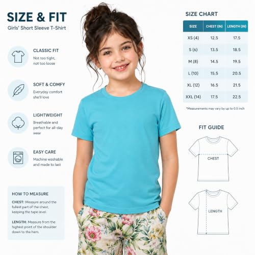 Image of Kids Round Neck Girls Tshirt | Short Sleeves | Natural Organic 100% Cotton Soft Comfortable Fabric | Plain Color Original Branded Half Sleeve | School t-Shirt for Girl Kid | Sleepwear Everyday Casual