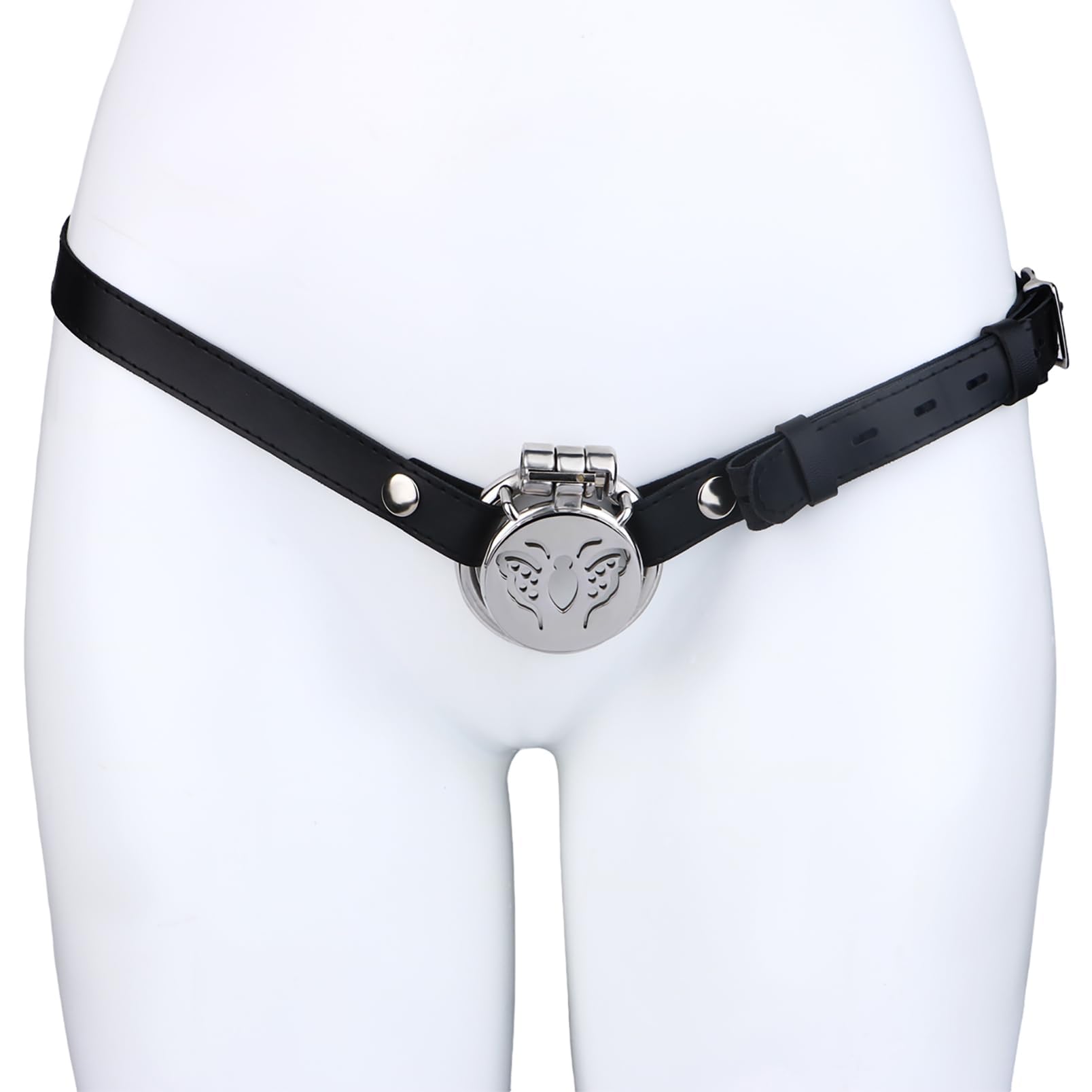 Jaula de castidad de acero inoxidable con diseño de mariposa para hombres con cerradura oculta y anillo base, dispositivo de castidad masculino de placa plana (45mm+Belt)