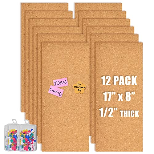 Aitakatta 17x8 Cork Board Tiles Bulletin Board, 1/2" Thick Self-Adhesive Cork Boards for Walls, Cork Tiles Vision Board for Home, Office, School, Bulletin Board Decorations(12mm,12pc)