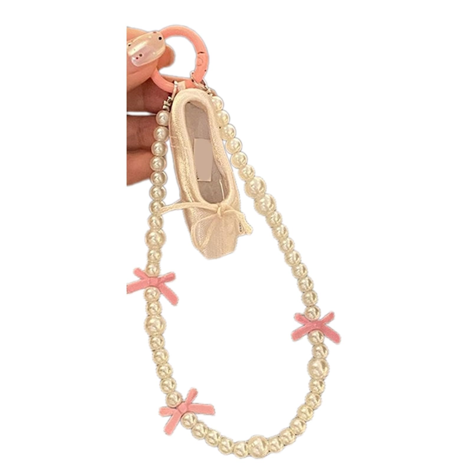 NEWFT Ballet Shoes Charm Keychain Pendant Sweet Bowknot Pearl Beaded Phone Chain