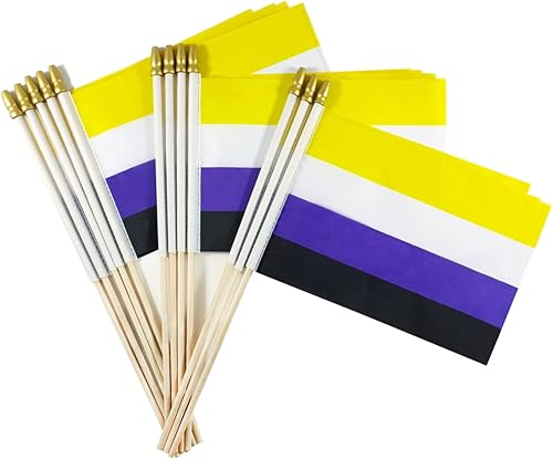 Newperlite Nonbinary NB Pride Stick - Banderas pequeñas de mano LGBT - Poste de madera maciza y parte superior de lanza, paquete de 12, 5 x 8
