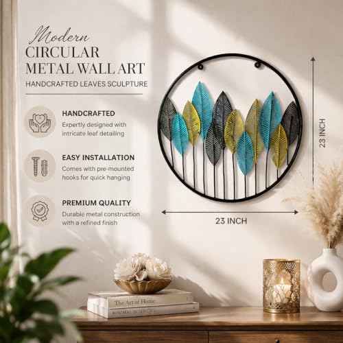 Image of iHandikart Modern Circular Metal Wall Art | 23x23 Inch Round Leaves Sculpture | Gold, Blue, & Black Framed Decor for Living Room, Bedroom, and Office