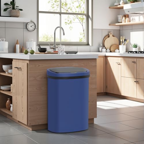 Image of BestOffice 13‑Gallon Automatic Sensor Trash Can, Deep Blue - 50 L Touchless Motion‑Activated Kitchen Garbage Bin, Fingerprint‑Resistant Stainless Steel