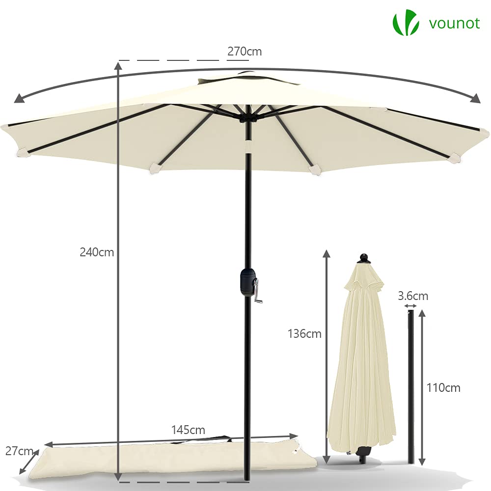 VOUNOT® Ombrellone da Giardino 270 cm, Parasole Spiaggia Inclinabile con Manovella, Protezione UV per Terrazza, Giardino, All'aperto, Beige