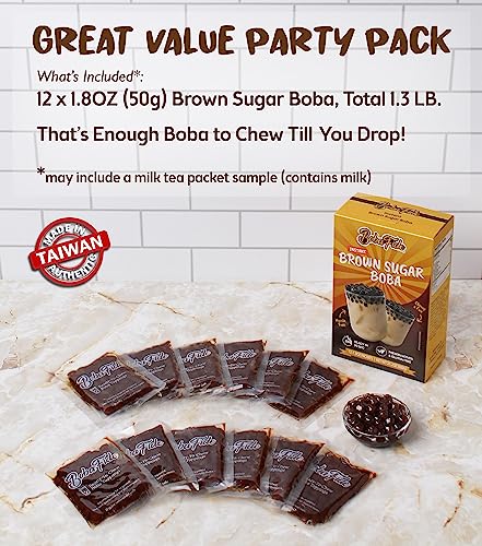 Instant Brown Sugar Boba Pearls - 12 Packets, Microwavable, Ready in 25 Seconds, Gluten-Free & Vegan