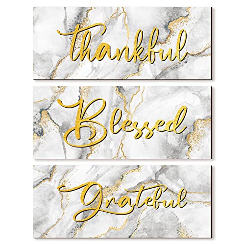 Gerrii 3 Pcs Thankful Grateful Blessed Wall Decor for Thanksgiving Christmas Abstract Marble Style Wall Decor Art Modern Wooden Hanging Wall Signs Plaque for Home Living Room Family (Fresh Style)
