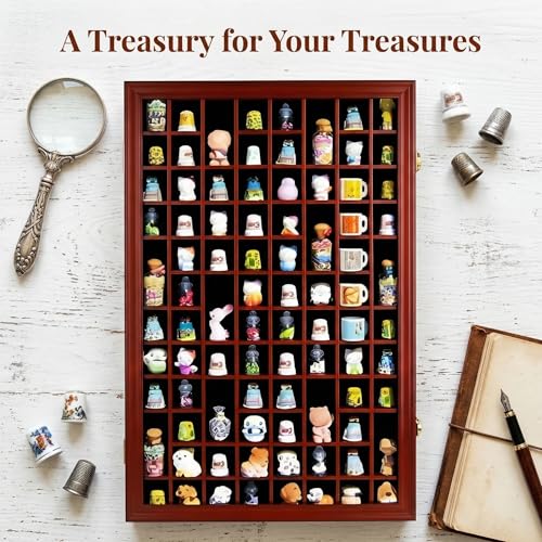 Image of 100 Thimble Display Case Wall Cabinet Holder Shadow Box with UV Protection Door and Felt Interior Background-Mahogany Finish TC100-MAH
