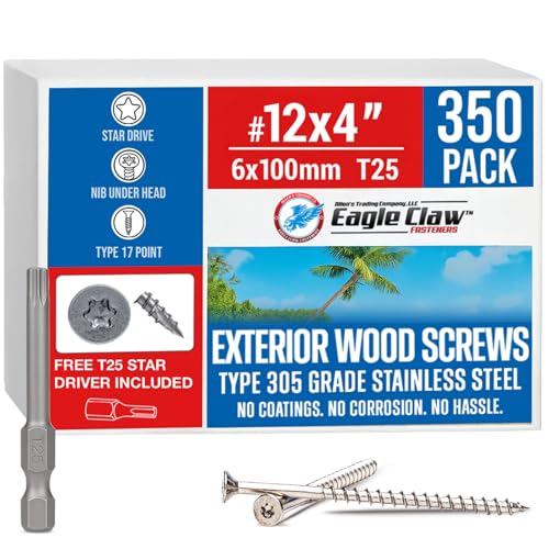 Image of #12 x 4 Inch Stainless Steel Deck Screws | 305 Grade (350 Pack) | Flat Head T25 Star Torx Drive | Stainless Steel Wood Screws by Eagle Claw Fasteners | Corrosion & Rust Resistant (Includes Driver Bit)