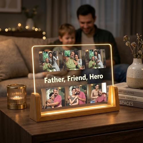 Image of Giftplease Customized Acrylic Photo Frame with LED Light & Wooden Base | Personalized 6-Photo Collage Lamp for Father | Father's Day, Birthday Gift for Papa, Dad, Husband | Warm Glow