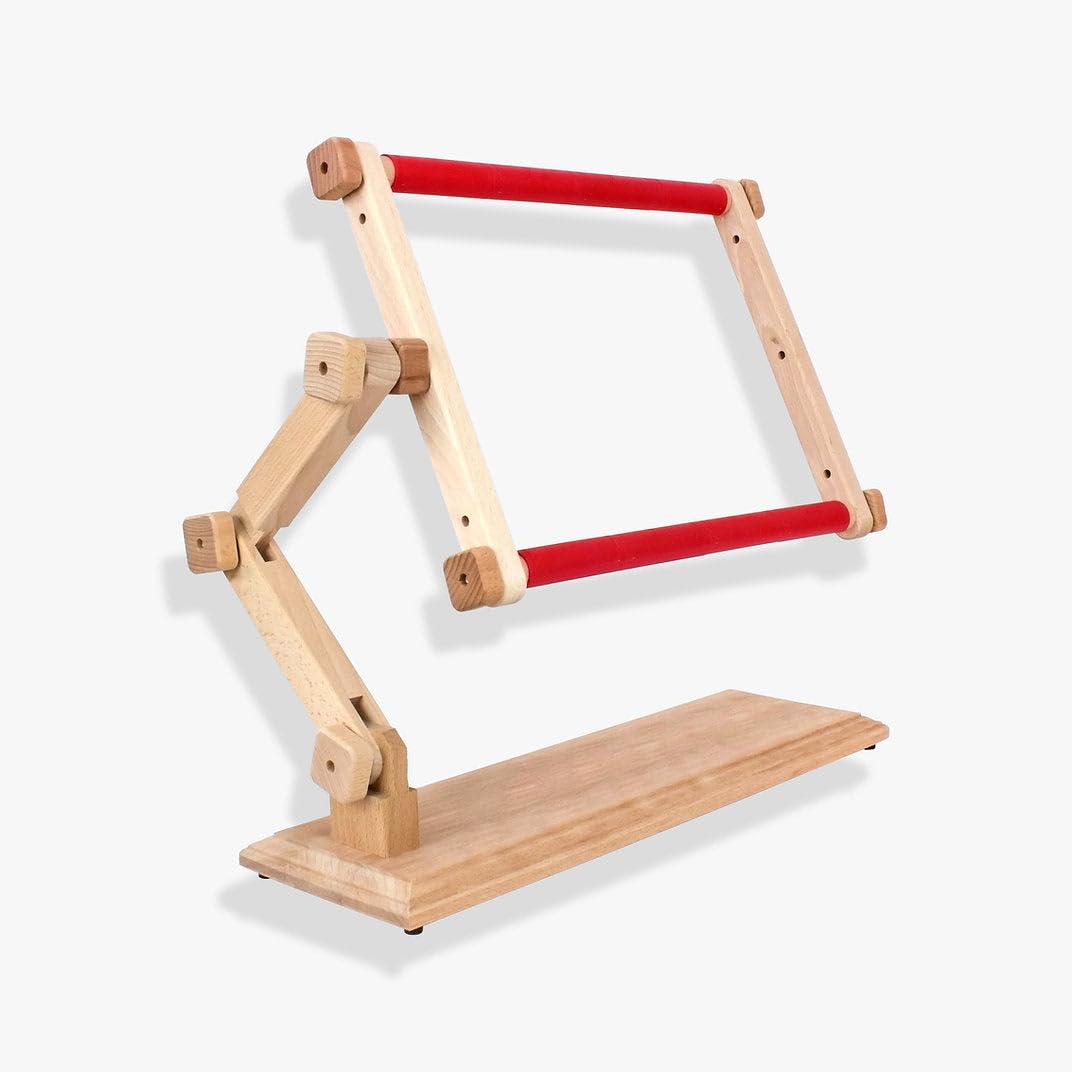 Luca-S Beige/Red Table-Style Needlework Scroll Frame With Adjustable Organic Beech Wood, Embroidery & Tapestry Holder (30 × 40 Cm)