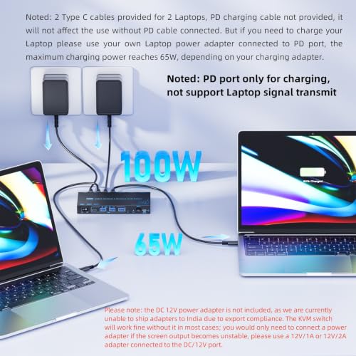 Image of USB C KVM Switch 3 Monitors 2 Laptops 4K@60Hz, Laptop KVM Switcher with PD Charging Function for 2 Computer Share 3 Display-2 HDMI + 1 DP, No Driver Required