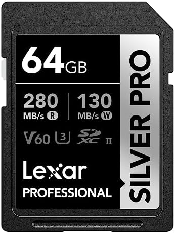 Lexar Silver PRO SD Card 64GB, UHS-II SD Memory Card, V60, U3, C10, Up to 280MB/s Read, 130MB/s Write, SDXC Card for DSLR/Camera/Professional Photographer/Videographer/Enthusiast