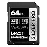 Lexar SILVER PRO Carte SD 64Go, carte mémoire SD UHS-II, V60, U3, C10, Jusqu'à 280Mo/s en lecture, 130Mo/s en écriture, carte SDXC pour DSLR/caméra/photographe/vidéaste/passionné (LSDSIPR064G-BNNAA)