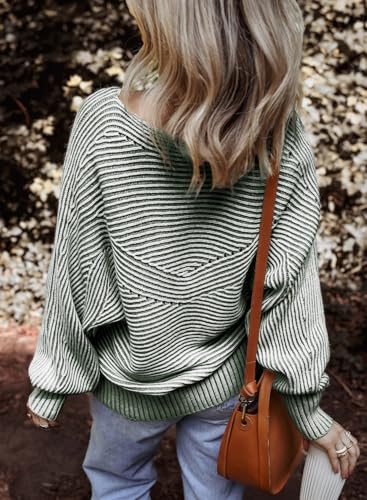 Image of EVALESS Striped Sweaters for Women Boat Neck Batwing Sleeve Oversized Pullover Sweater Tops Womens Fall Clothes Outfits