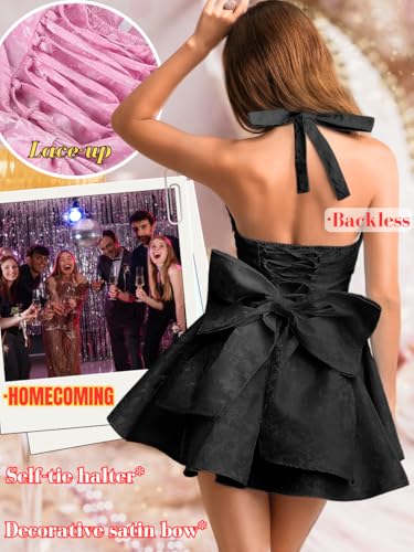 Image of ShawGobow Jacquard Corset Dress,Deep V Halter Mini Dresses with Bow Back,Sexy Birthday Outfits Women Homecoming Prom Formal