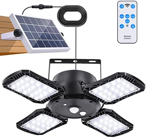 Lampelc Solar Pendant Light Outdoor Waterproof, 1000LM 128LED Indoor Solar Shed Light, 4-Leaf 120° Adjustable Solar Motion Sensor Light with Remote & 4 Lighting Modes for Shed Gazebo Barn Garage Home