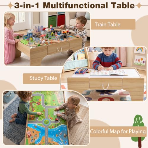 Image of Costzon 110-Piece Wooden Train Table with Drawer for 3+ Years Old Toddlers | 3-in-1 Kids Activity Play Set w / Reversible Tabletop, Storage Space, Train Tracks, Figures, Vehicles, and Buildings