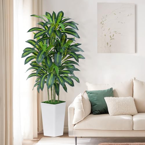 Image of 6FT Artificial Dracaena Tree - High-Density Foliage Fake Plant with White Tall Planter - Faux Yucca Floor Plant for Home Office Decor Indoor