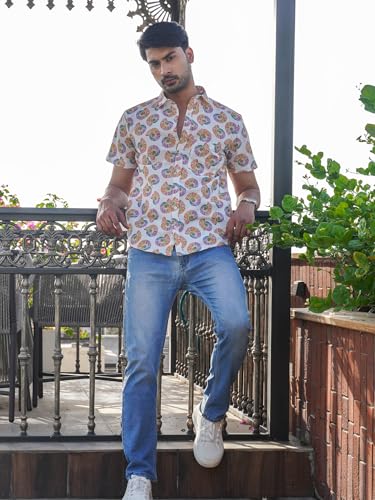 Image of Multicolor Cotton Conch Shell Print Casual Shirt for Men