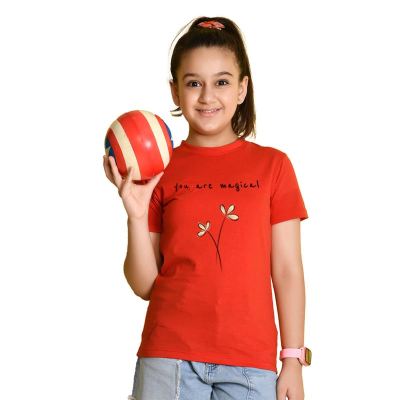 Nusyl Girls Red You are Magical Text Printed Cotton Blend Round Neck Half Sleeve T-Shirt