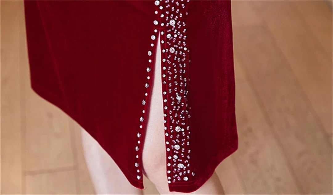 Fnfmrfmr Vestido de terciopelo rojo de manga larga para mujer, vestido de oficina con cuello en V, maxi vestido dividido