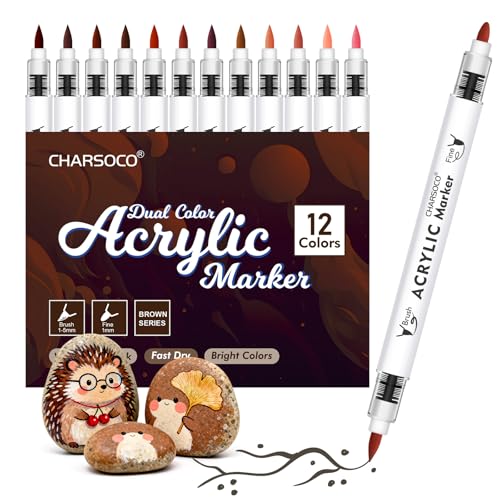 Image of Brown Tones Acrylic Paint Pens, 12 Colors Markers Set with Soft Brush & Bullet Tip, for Rock, Painting, Wood, Glass, Ceramic, Canvas, Stone, DIY Crafts, Making Art Supplies, Fabric Paint