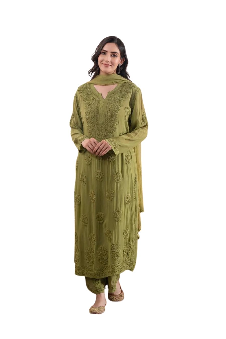 Women's Green Embroidered Straight Kurta Palazzo with Dupatta Set-image-43