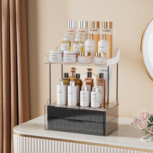 Image of Delamu 4-Tier Makeup Organizer, Bathroom Counter Storage, 2 Drawers,Black
