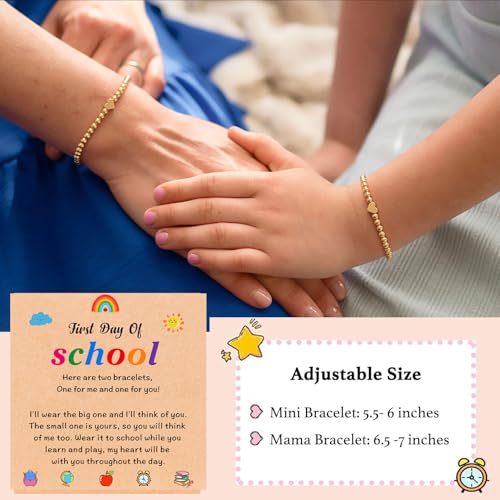 Image of 2Pcs First Day of Kindergarten Preschool Bracelets for Mommy and Me, Matching Heart Beaded Bracelets for Mother Daughter