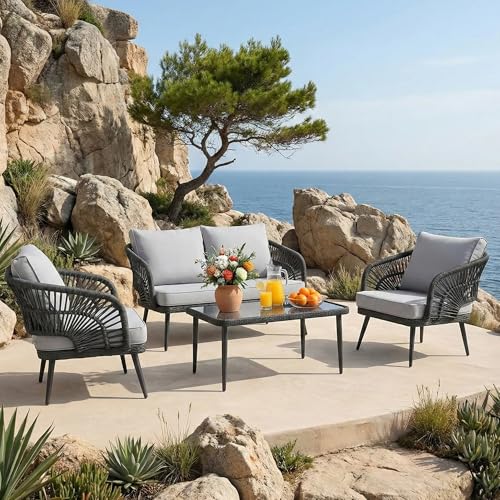Image of Amazon Brand - Solimo Solix Outdoor Rope Sofa Set | Balcony Sofa | Patio Conversation Sets | Braided Rope Garden Sofa Set and Center Table (4 Seater-Grey)