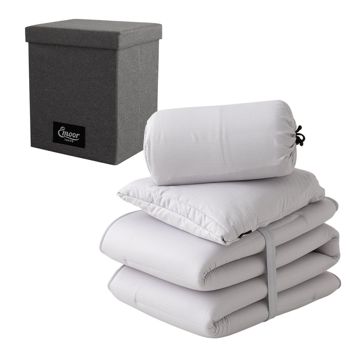 EMOOR 4-Teiliges Kompaktes Futon-Set mit Tragetasche (Bettdecke, Matratze, Kissen + Umwandelbare Aufbewahrungstasche) Grau, Leicht Tragbar Praktisch im Notfall Kann Auch als Hocker Verwendet Werden