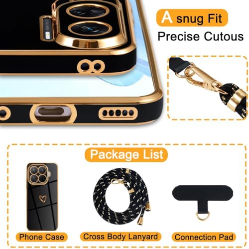 Mkej Hülle Kompatibel mit Xiaomi 15T Pro Hülle mit Band, Galvanik Silicone Handyhülle mit Herz Love Design, Abnehmbar und einstellbar Handykette für Xiaomi 15T Pro - Case in Schwarzes Gold