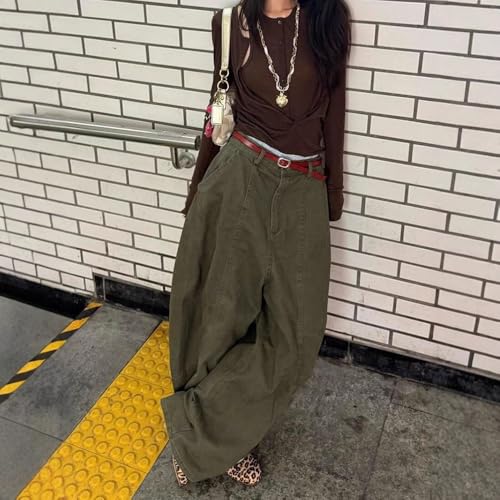 Women's Barrel Jeans Wide Leg Mid Rise Loose Y2k Baggy Boyfriend Jeans Denim Trousers Vintage Streetwear Green Pants4