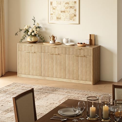 Image of Evermagin 67 inch Fluted Oak Sideboard Buffet Cabinet with 3 Drawers, Modern Credenza with Storage, Console Coffee Bar Cabinet for Kitchen, Living Room and Entryway (67 inch W x 31.5 inch H x 15.7 inch D)
