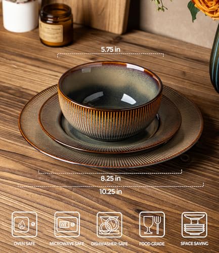 Image of TheTerra Stoneware Dinnerware Sets for 4, 12 Pieces Ceramic Plates and Bowls Sets, Scratch Resistant Embossed Dish Set, Oven, Microwave & Dishwasher Safe, Coca Mocha