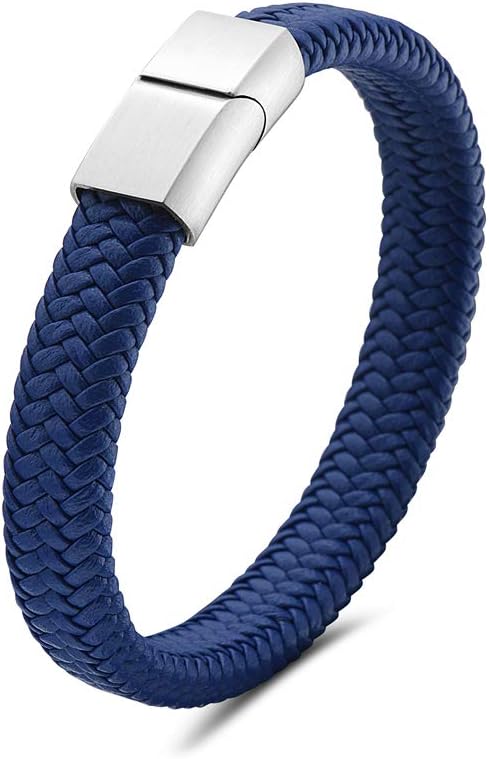 My Daily Styles Mens Blue Genuine Leather Bracelet with Stainless Steel 8" Wrist Size