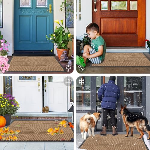 Image of Smiry Front Door Mat Outside Entrance, Heavy Duty Sturdy Natural Rubber Doormat, Trap Dirt and Moisture, Easy Clean Low Profile Mats for Indoor Outdoor Entry, Irregular Triangle (59x20, Coffee)