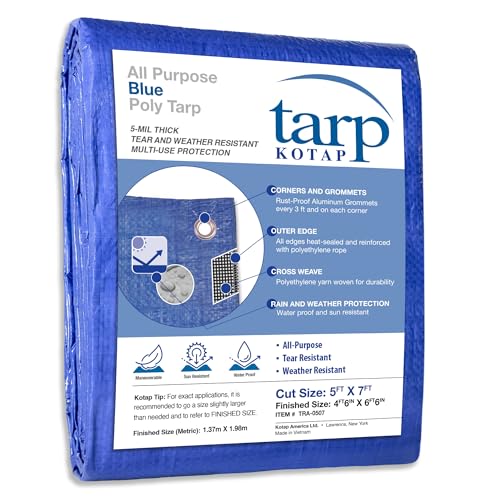 Kotap TRA-0507 Waterproof All-Purpose Multi-Use Protection/Coverage 5-mil Poly Tarp, Cut Size: 5 x 7'/Finished Size: 4' 6