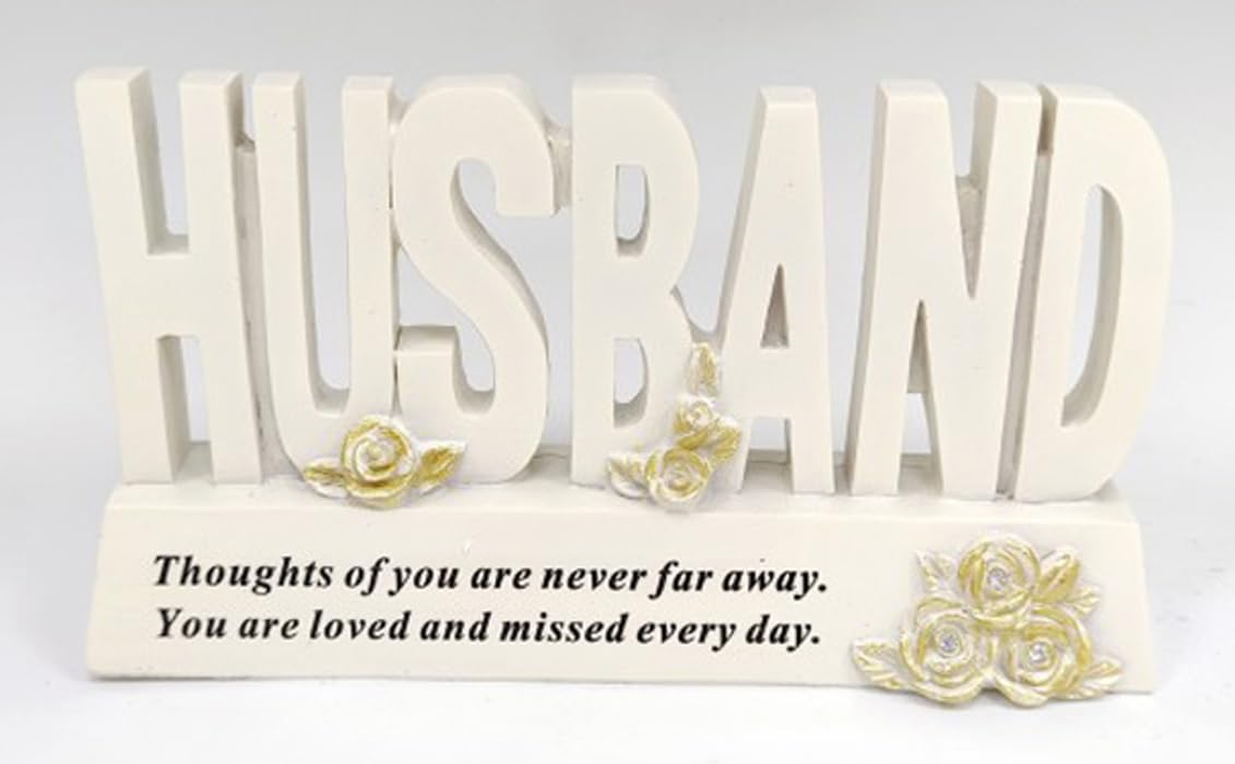 David Fischhoff Ivory Husband Memorial Plaque Graveside Ornament With Gold Rose Detail – Weatherproof Resin “Husband” Letter Tribute Sign For Grave, Cemetery, Garden Or Indoor Remembrance Display