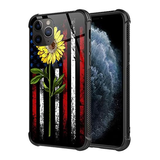 iPhone 11 Pro Max fodral, solros röd vit blå flagga mönster design 9H härdat glas skydd för flickor kvinnor [anti-rep] mjukt TPU stötfångare ram stöd fodral för iPhone 11 Pro Max (6,5 tum)