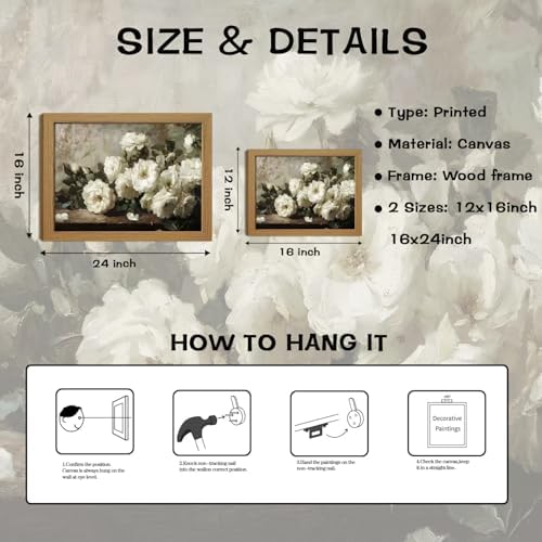 Moarmxiy Vintage Flowers Wall Art, White Rose Canvas Printed Prints Wall Gifts for Friends or Family, Oil Picture Home Decor Wall Decor for Living Room Hallway, Bedroom Office 16x 12inch Wood Frame — view 2