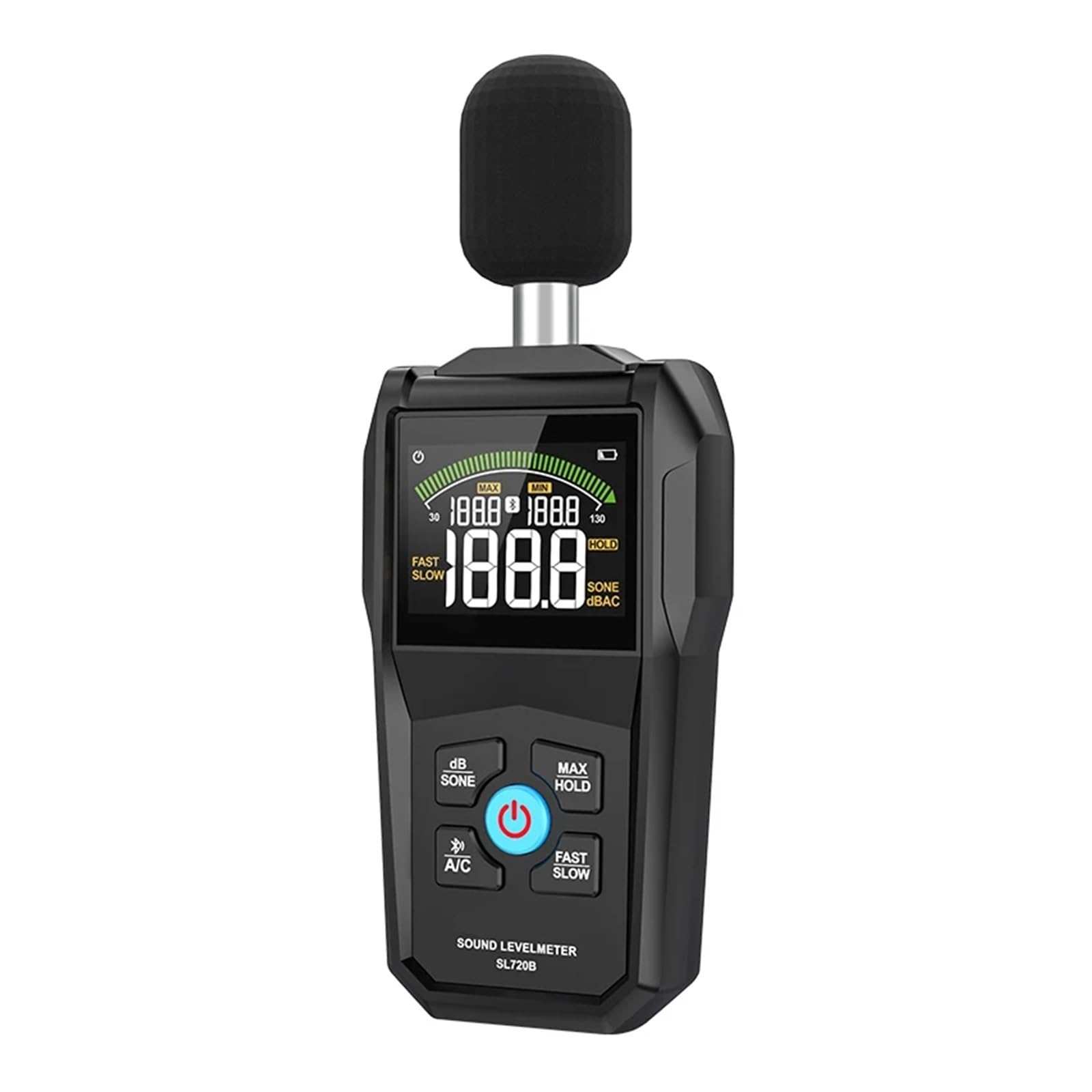 Geräuschpegelmesser, Farbdisplay, schnelle und langsame Abtastrate, Kondensatormikrofon-Monitor, 30–130 dB, Hintergrundbeleuchtung