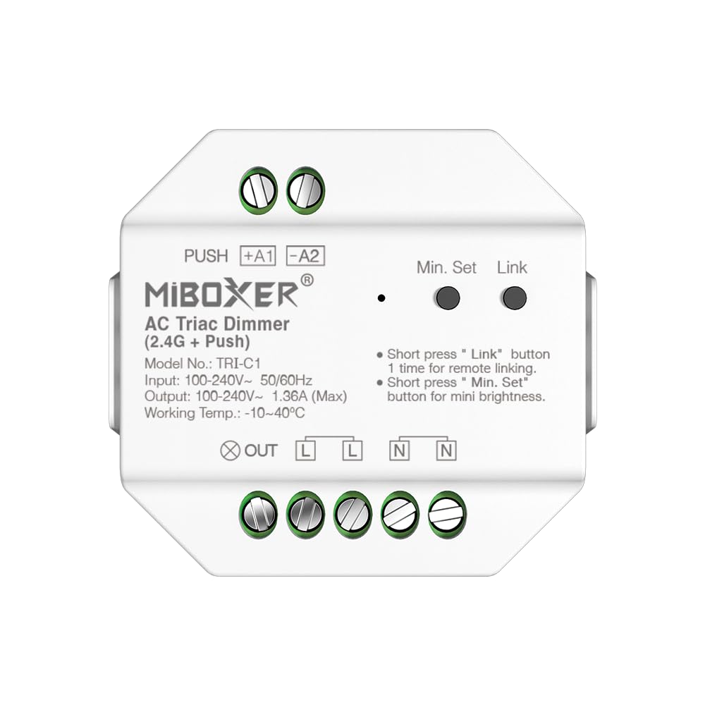 LIGHTEU, Milight Miboxer TRIAC Dimmer Module RF + Push Control for Lamps Spotlights AC 100-240V Trailing Edge Phase Cut Dimmer TRI-C1