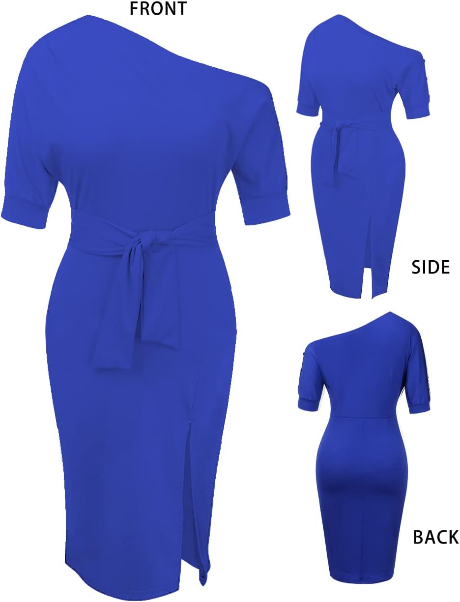 Womens Classy Off Shoulder Short Sleeve Belted Side Slit Midi Pencil Dress with Pockets