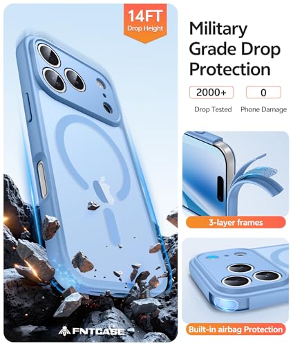 FNTCASE for iPhone 17 Pro Max Case: [Compatible with Magsafe] Translucent Matte Cases with [Full Camera Protection] [Screen Protector] Military Grade Shockproof Protective Phone Cover - Light Blue - 6