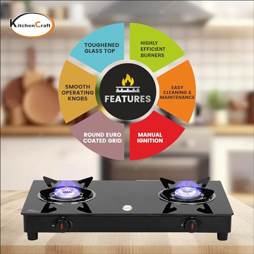 Image of KitchenCraft 2 Burner Toughened Glass Top |LPG Gas Stoves|Black|Manual Ignition|Fixed Stainless Steel Drip Trays|Anti-Skid Feet|KCGT 2001