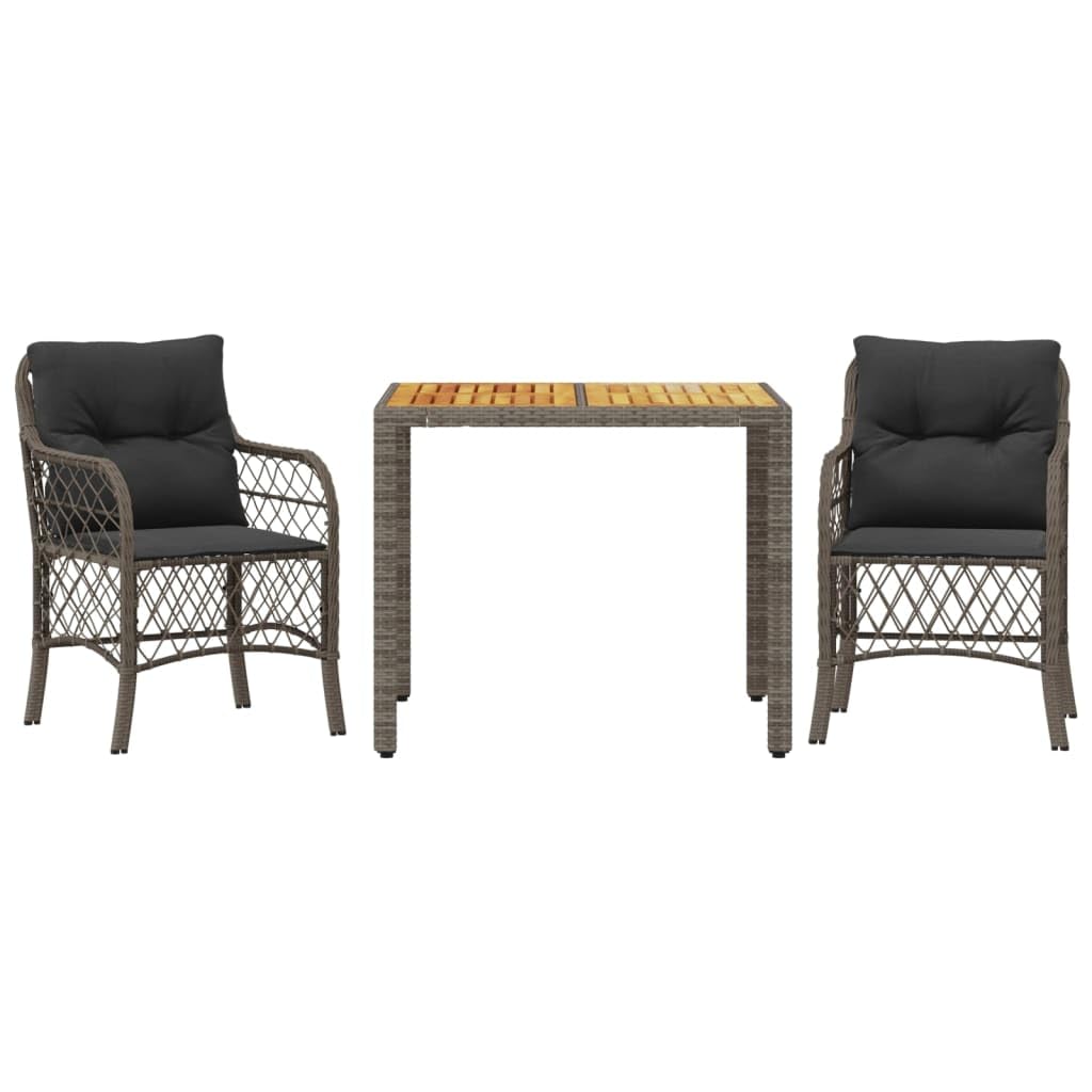 Set da 3 pezzi da bistrot con cuscino, grigio, in polyrattan, set da giardino per esterni, per balcone, terrazza, patio, durevole, resistente alle intemperie