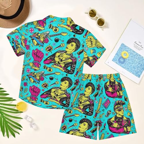 Image of visesunny Funny Boy's 2 Pieces Shirt and Short Set Casual Shirts Short Sleeve Beach Shorts Summer Outfits for 3-10 Years Kids
